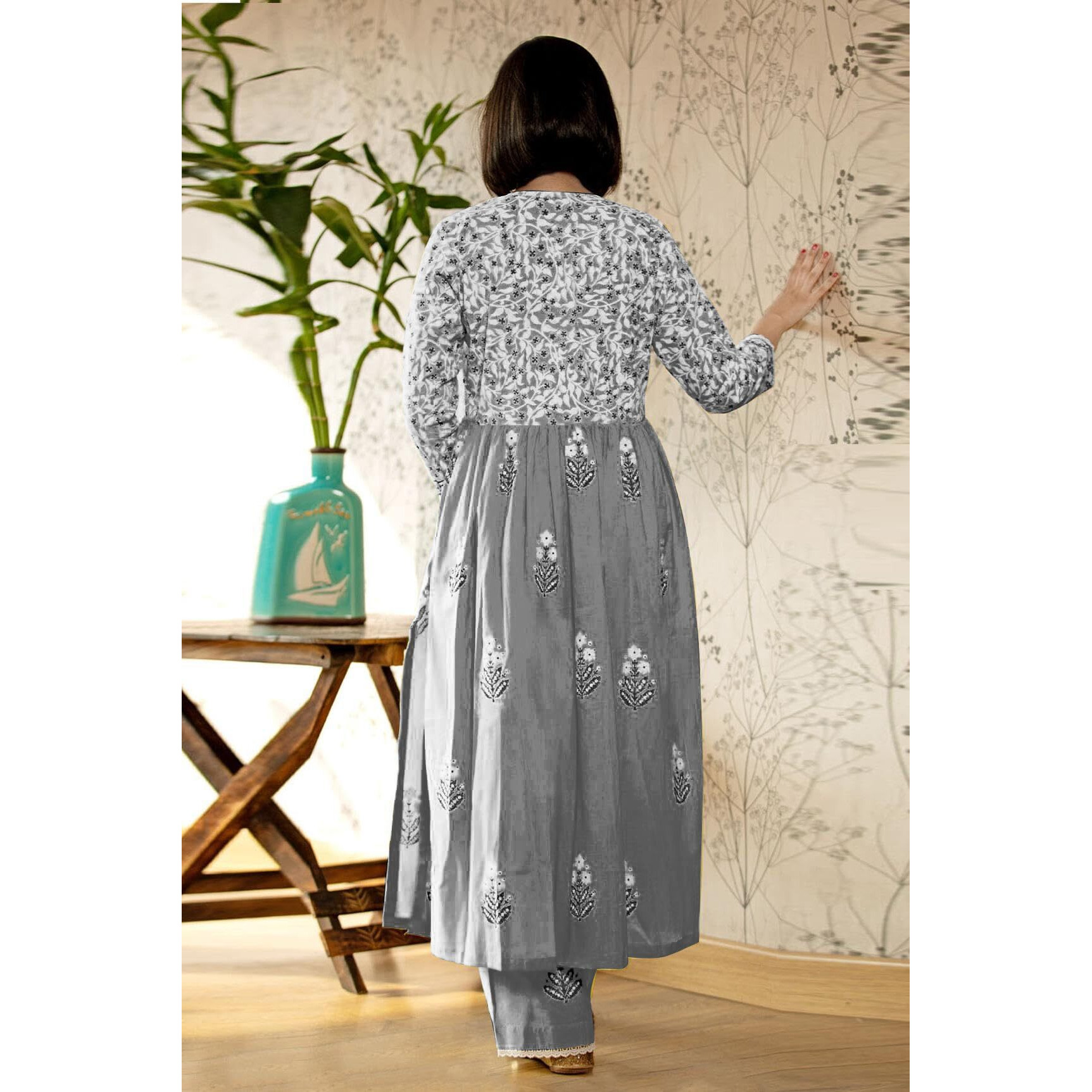 Gosriki Women's Rayon Blend Anarkali Printed Kurta With Pant & Dupatta (Renu Grey-Vks01-Gs_M_Grey_Medium)