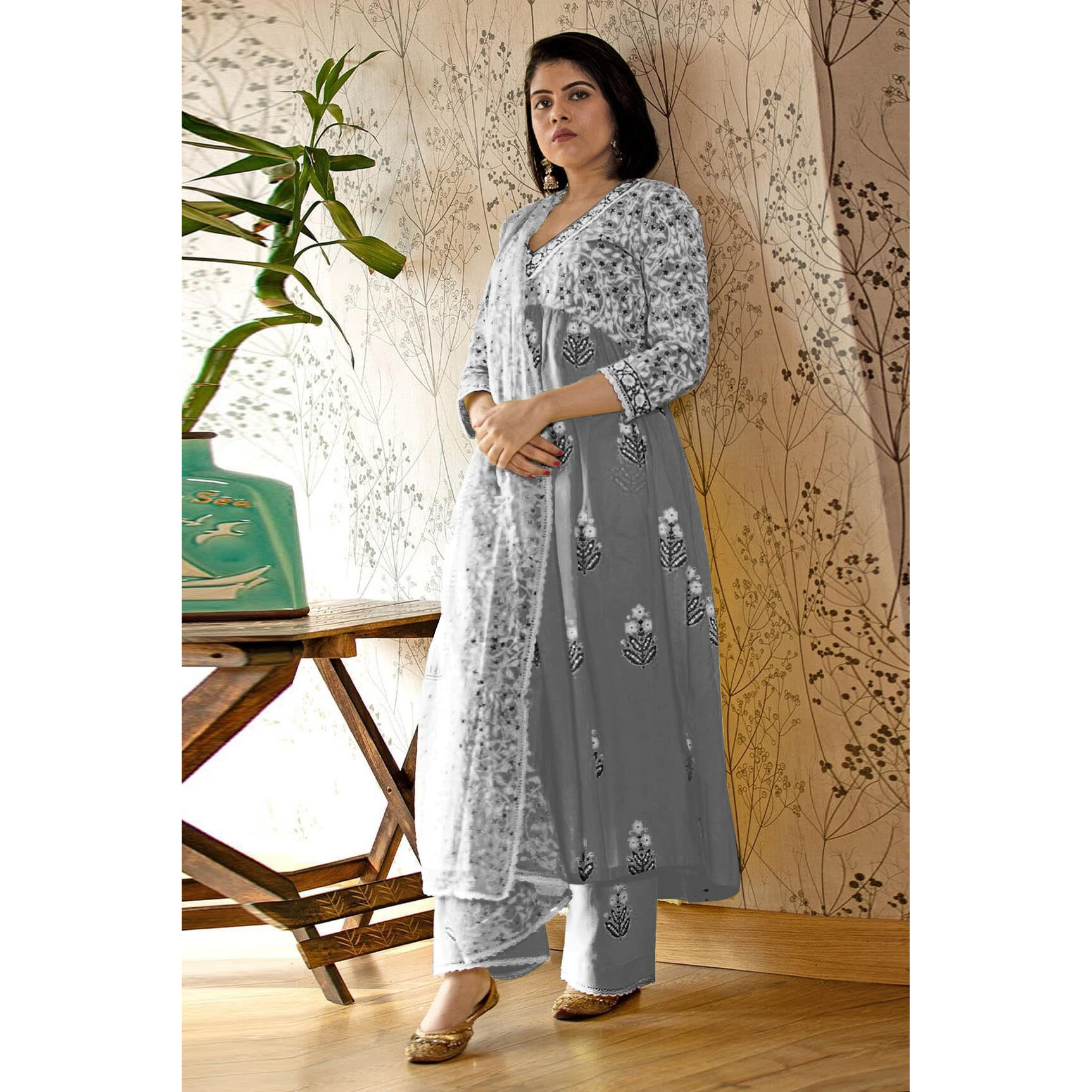 Gosriki Women's Rayon Blend Anarkali Printed Kurta With Pant & Dupatta (Renu Grey-Vks01-Gs_M_Grey_Medium)