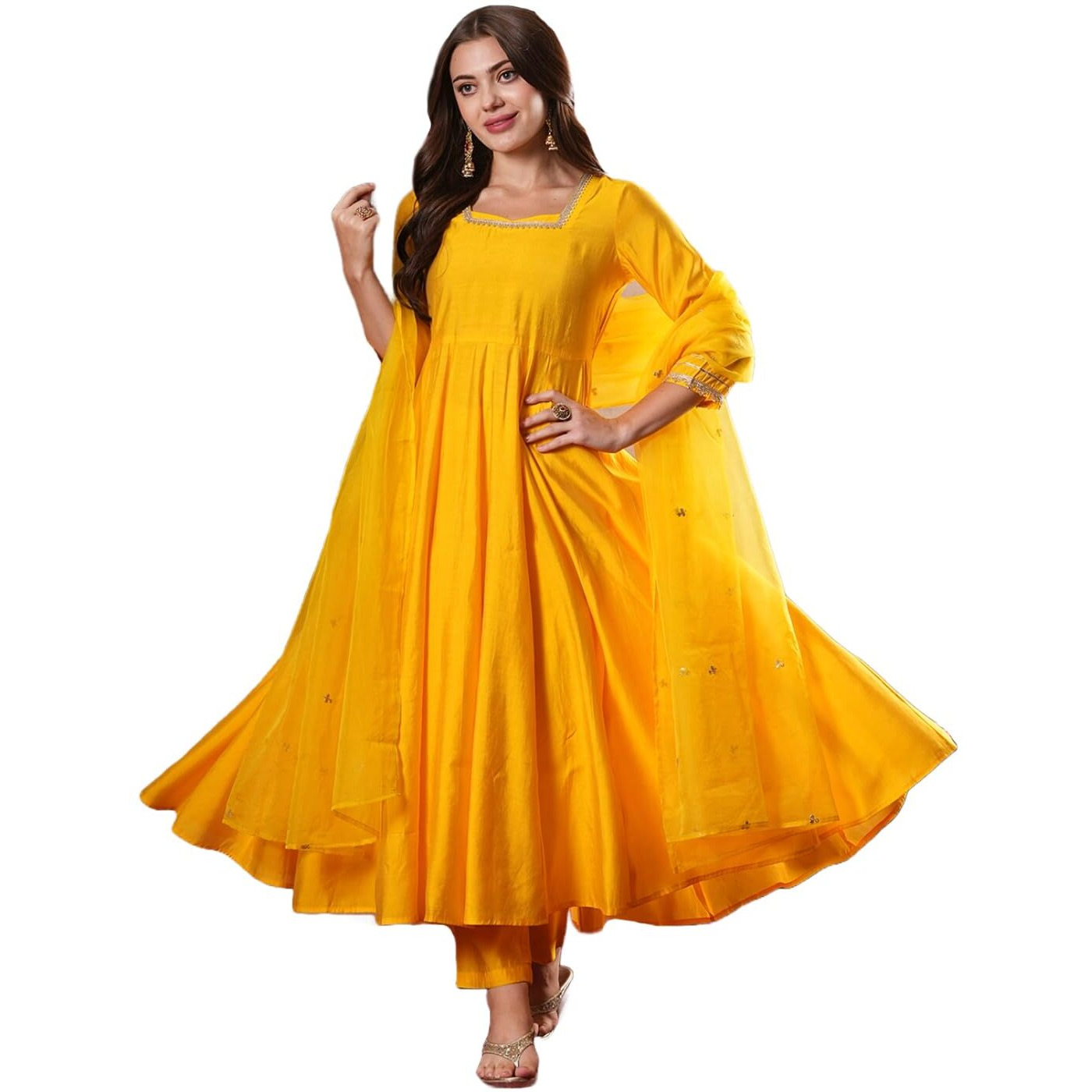 Gosriki Women's Rayon Blend Anarkali Solid Kurta With Pant & Dupatta (Sitapati Yellow-Vks01-Gs_S_Yellow_Small)