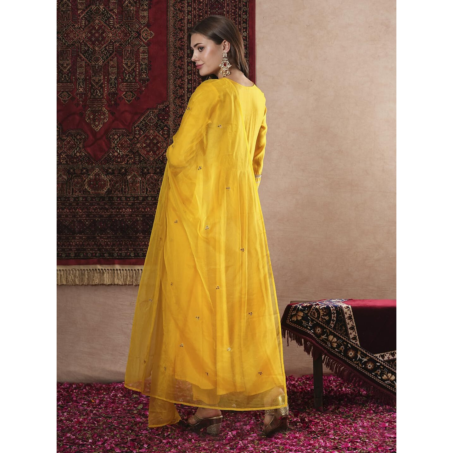 Gosriki Women's Rayon Blend Anarkali Solid Kurta With Pant & Dupatta (Sitapati Yellow-Vks01-Gs_S_Yellow_Small)