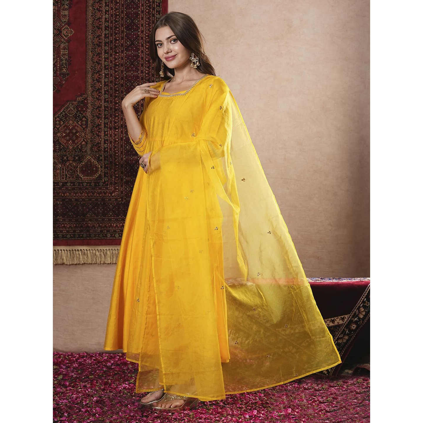 Gosriki Women's Rayon Blend Anarkali Solid Kurta With Pant & Dupatta (Sitapati Yellow-Vks01-Gs_S_Yellow_Small)
