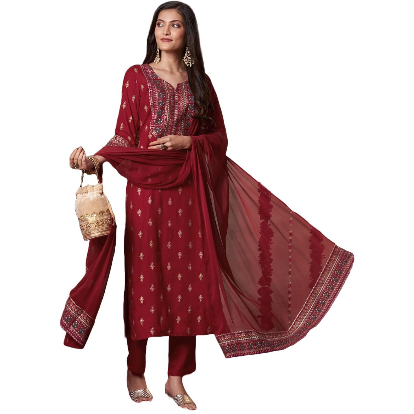 Gosriki Women's Rayon Blend Printed Straight Kurta With Pant & Dupatta (Toxic Red-Vks01-Gs_S_Red_Small)