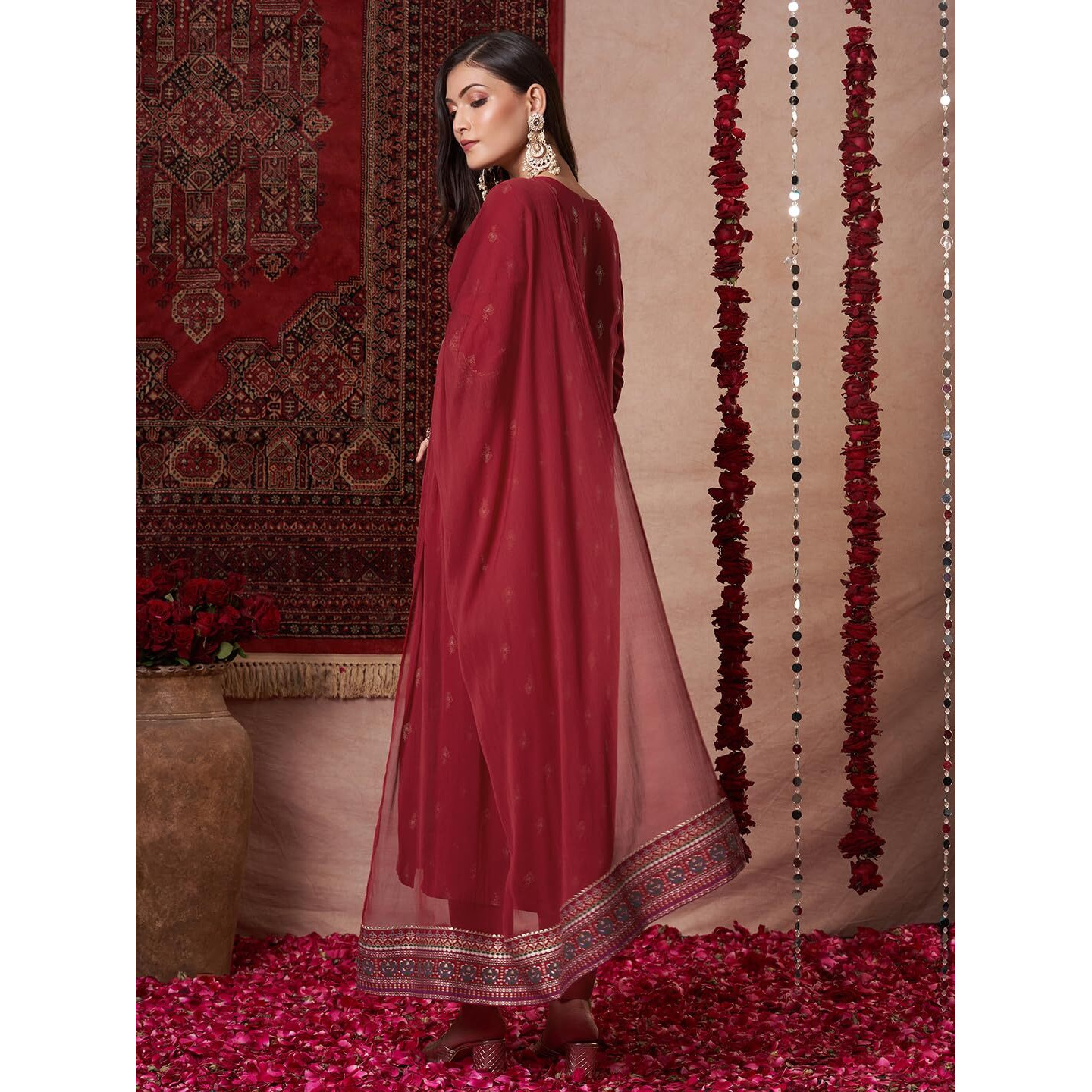 Gosriki Women's Rayon Blend Printed Straight Kurta With Pant & Dupatta (Toxic Red-Vks01-Gs_S_Red_Small)