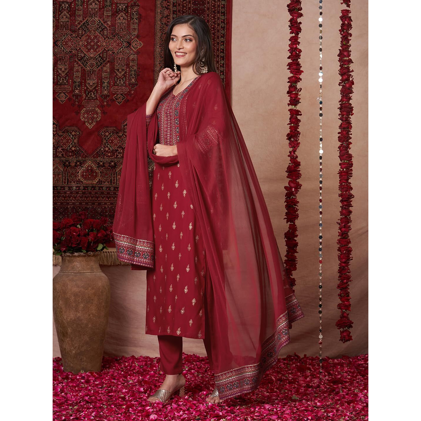 Gosriki Women's Rayon Blend Printed Straight Kurta With Pant & Dupatta (Toxic Red-Vks01-Gs_S_Red_Small)