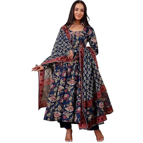 Gosriki Women's Rayon Viscose Anarkali Printed Kurta With Pant & Dupatta (Minari Blue-Gs_L_Blue_Large)