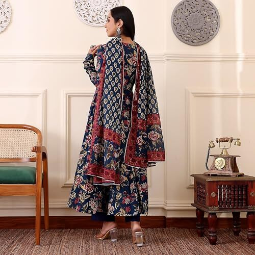 Gosriki Women's Rayon Viscose Anarkali Printed Kurta With Pant & Dupatta (Minari Blue-Gs_L_Blue_Large)