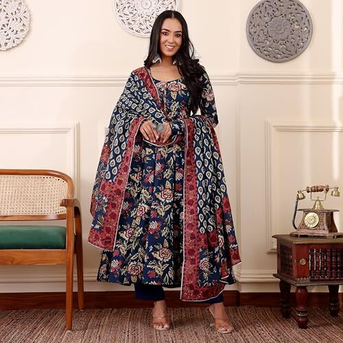 Gosriki Women's Rayon Viscose Anarkali Printed Kurta With Pant & Dupatta (Minari Blue-Gs_L_Blue_Large)