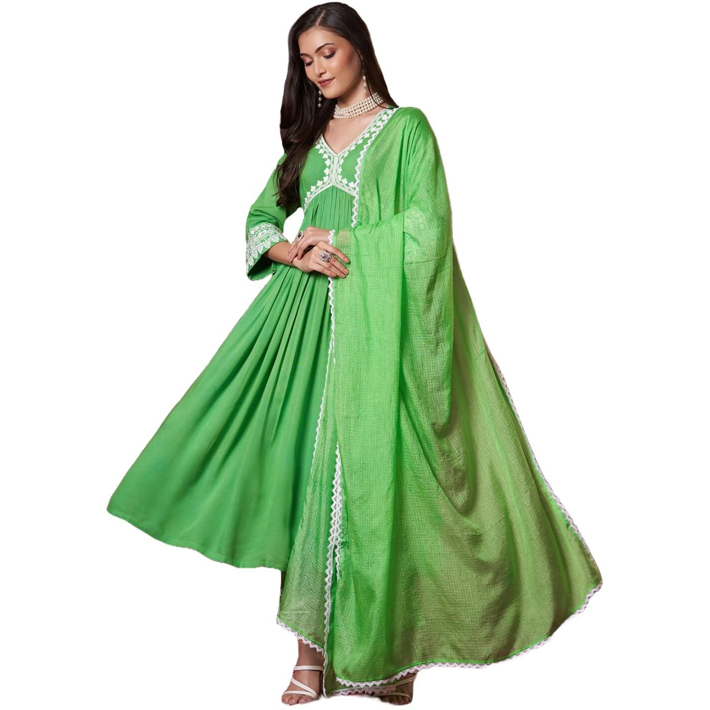 Gosriki Women's Rayon Viscose Anarkali Embroidered Kurta With Pant & Dupatta (Niket Green-Vks02-Gs_Xl_Green_X-Large)