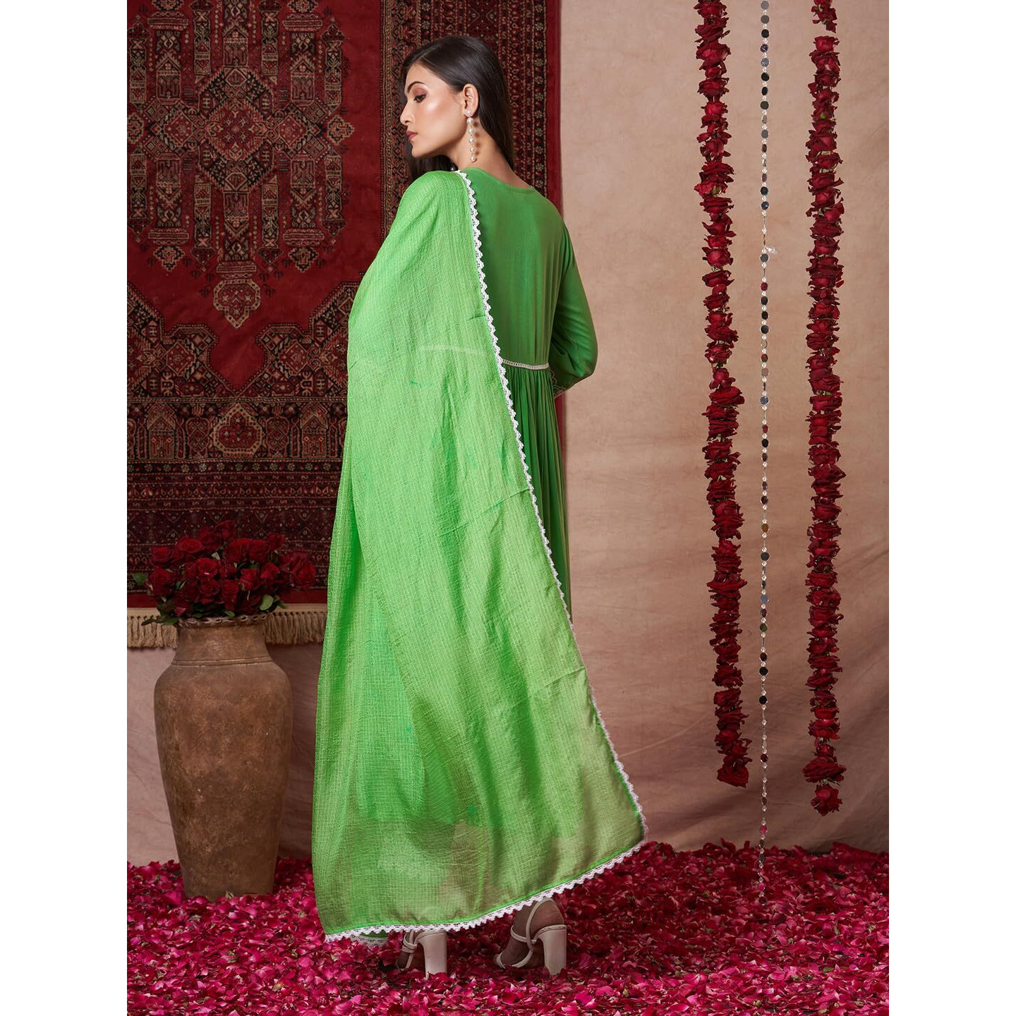 Gosriki Women's Rayon Viscose Anarkali Embroidered Kurta With Pant & Dupatta (Niket Green-Vks02-Gs_Xl_Green_X-Large)