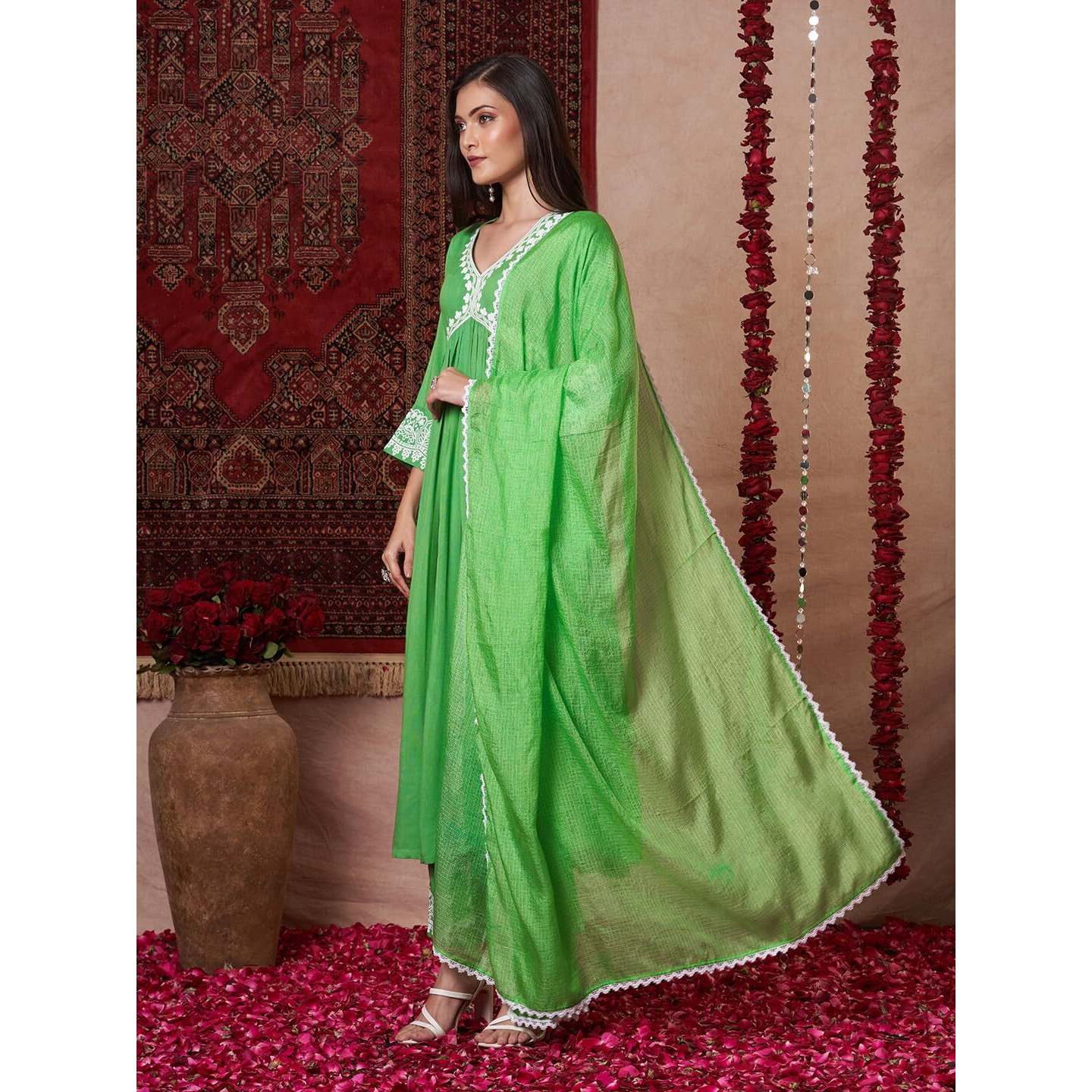 Gosriki Women's Rayon Viscose Anarkali Embroidered Kurta With Pant & Dupatta (Niket Green-Vks02-Gs_Xl_Green_X-Large)