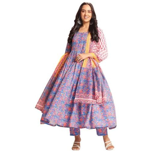 Gosriki Women's Rayon Viscose Printed Anarkali Kurta With Pant & Dupatta (Mytee Multi-Vks01-Gs_L_Multicolor_Large)