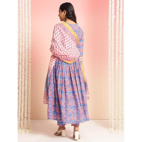 Gosriki Women's Rayon Viscose Printed Anarkali Kurta With Pant & Dupatta (Mytee Multi-Vks01-Gs_L_Multicolor_Large)