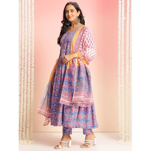 Gosriki Women's Rayon Viscose Printed Anarkali Kurta With Pant & Dupatta (Mytee Multi-Vks01-Gs_L_Multicolor_Large)
