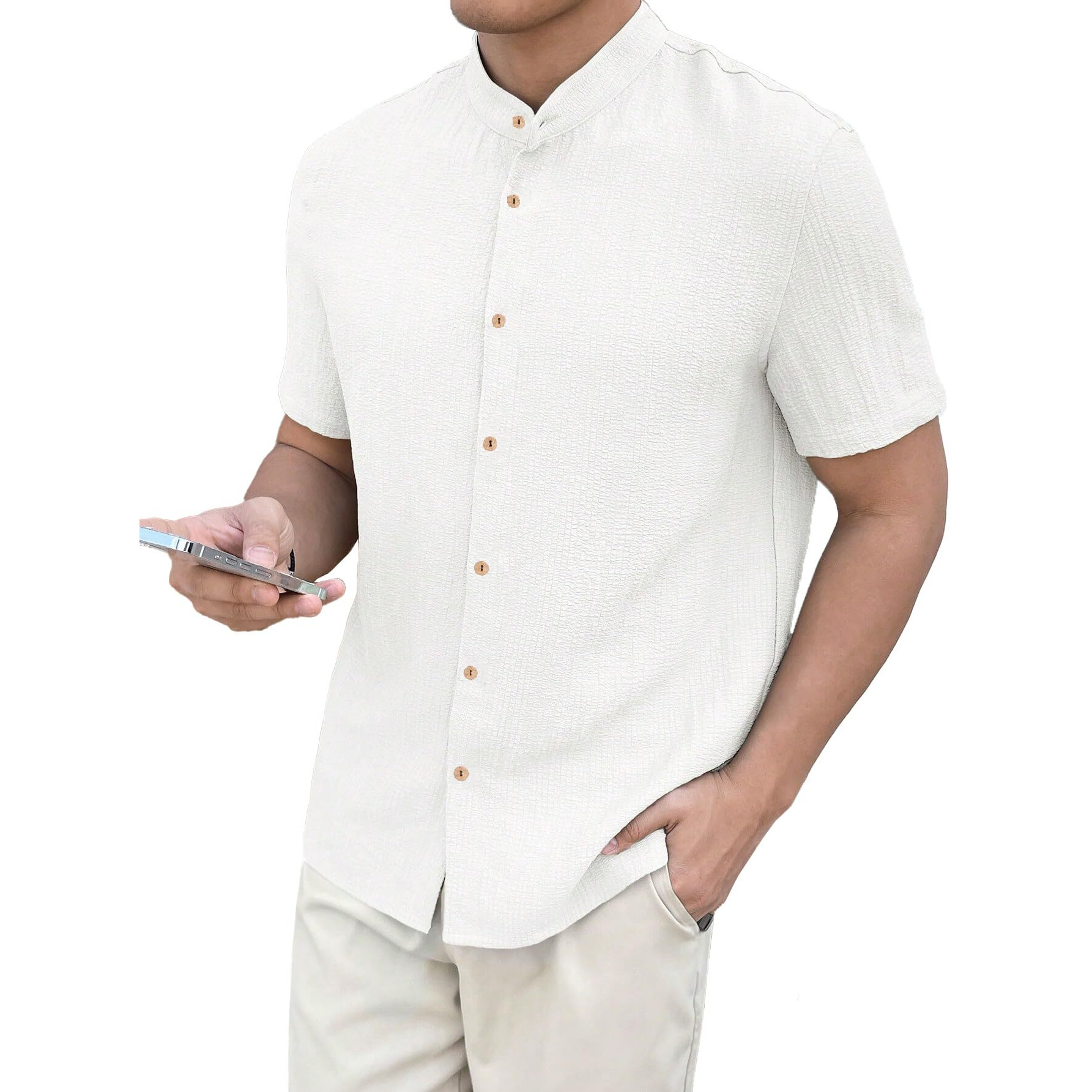 Toplot Men's Solid Regular Fit Shirt (Popcorn-Mandarin-5210-White-S_White