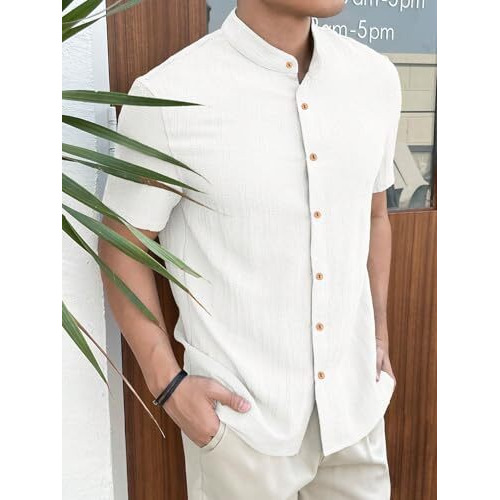 Toplot Men's Solid Regular Fit Shirt (Popcorn-Mandarin-5210-White-S_White