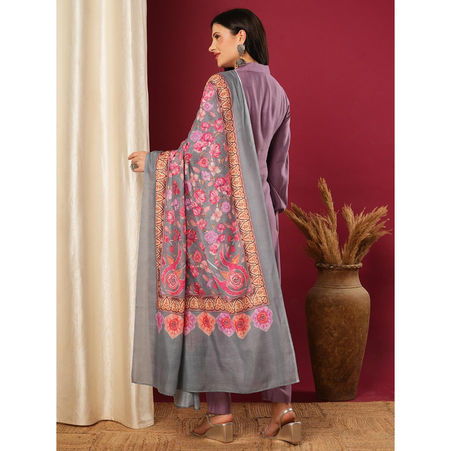 Gosriki Women's Rayon Viscose Solid Straight Pakistani Kurta With Pant & Dupatta (Mawra Purple-Vks01-Gs_M_Purple_Medium)