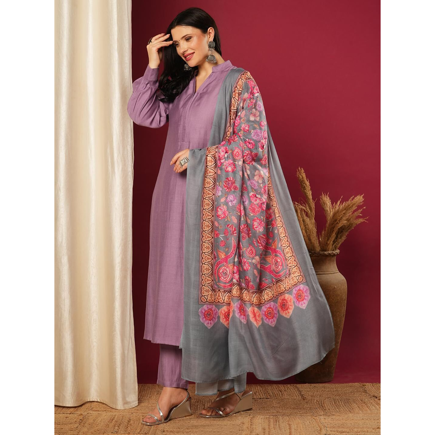 Gosriki Women's Rayon Viscose Solid Straight Pakistani Kurta With Pant & Dupatta (Mawra Purple-Vks01-Gs_M_Purple_Medium)