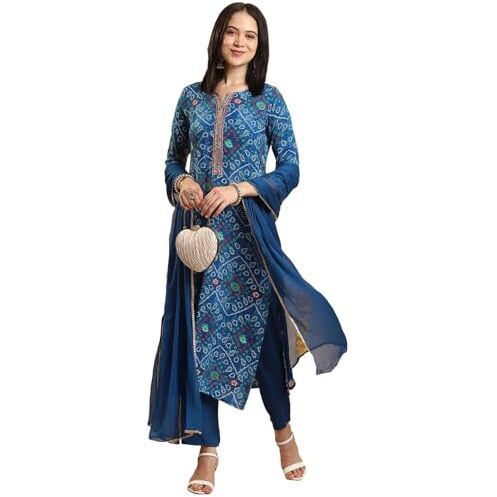 Gosriki Women's Rayon Blend Straight Bandhej Printed Kurta With Pant & Dupatta (Turae Cerosin-Vks02-Gs_Xxl_Dark Blue_Xx-Large)