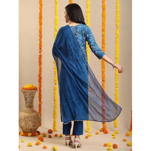 Gosriki Women's Rayon Blend Straight Bandhej Printed Kurta With Pant & Dupatta (Turae Cerosin-Vks02-Gs_Xxl_Dark Blue_Xx-Large)