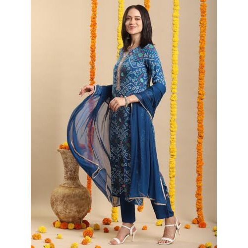 Gosriki Women's Rayon Blend Straight Bandhej Printed Kurta With Pant & Dupatta (Turae Cerosin-Vks02-Gs_Xxl_Dark Blue_Xx-Large)
