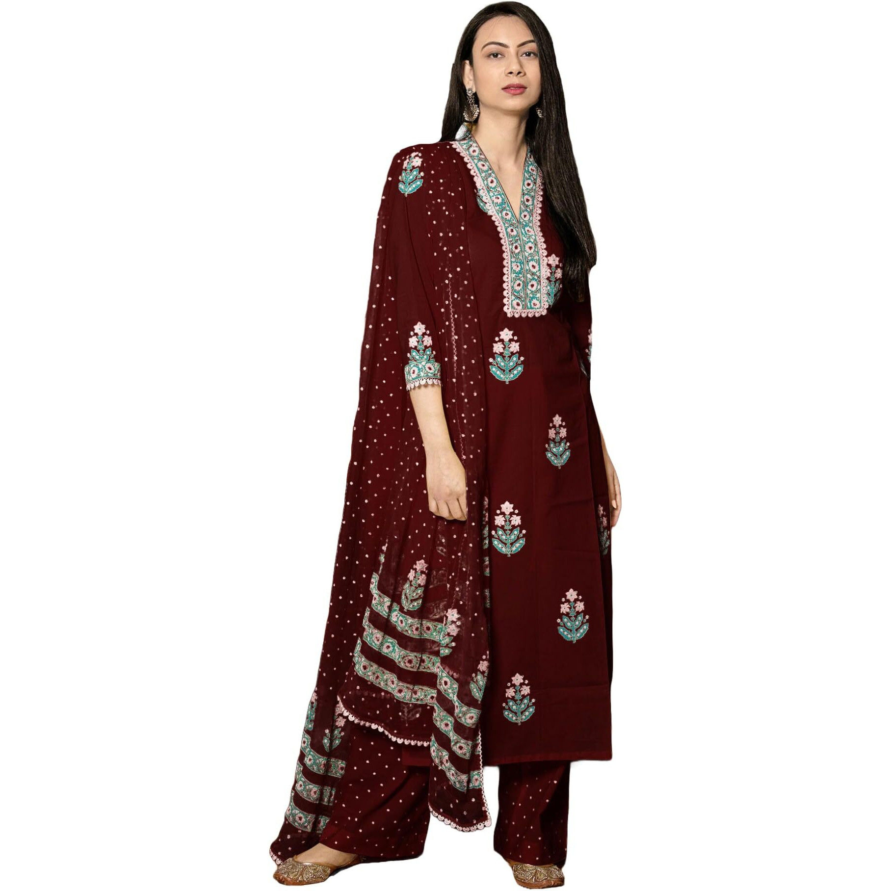 Gosriki Women's Rayon Viscose Printed Straight Kurta With Pant & Dupatta (Belagavi Wine-Vks01-Gs_L_Wine_Large)