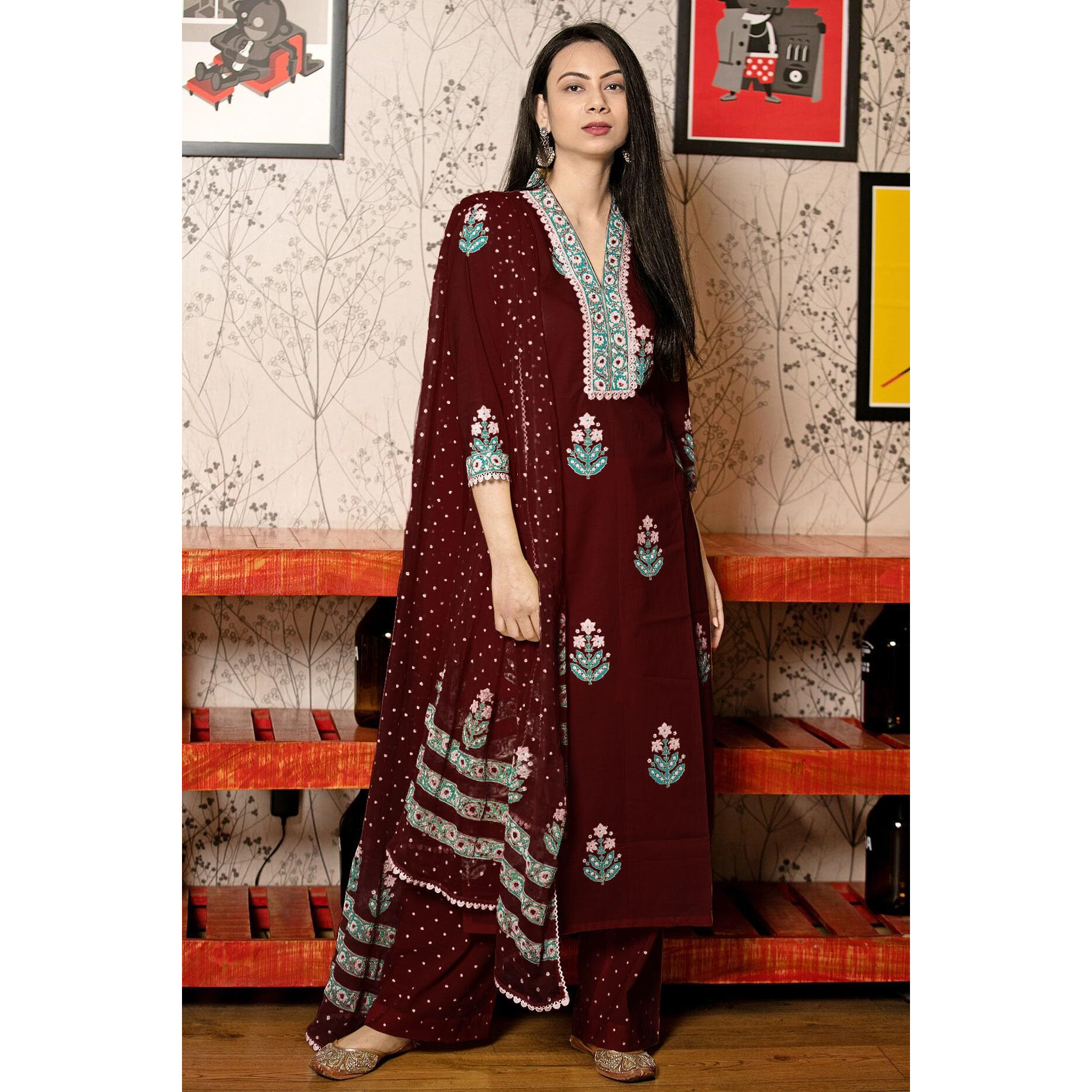 Gosriki Women's Rayon Viscose Printed Straight Kurta With Pant & Dupatta (Belagavi Wine-Vks01-Gs_L_Wine_Large)