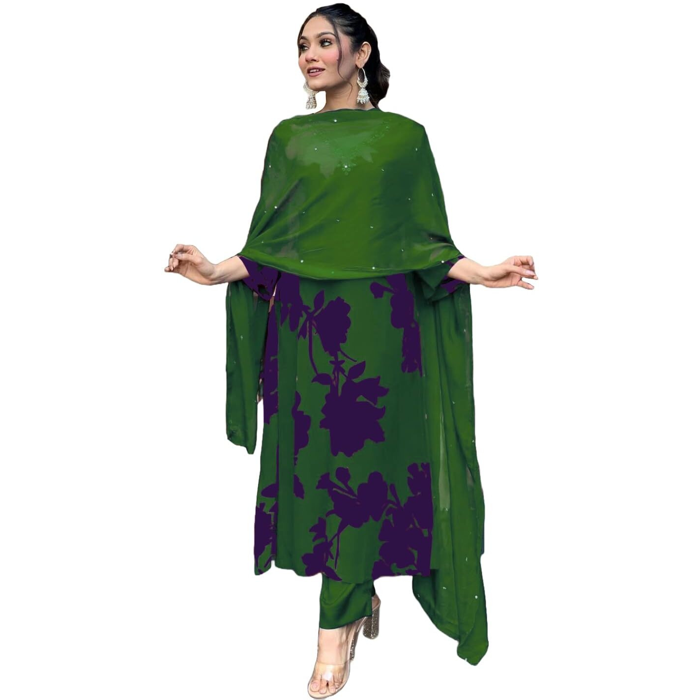 Gosriki Women's Cotton Blend Printed Straight Kurta With Pant & Dupatta (Protin-Green-Gs_S_Green_Small)