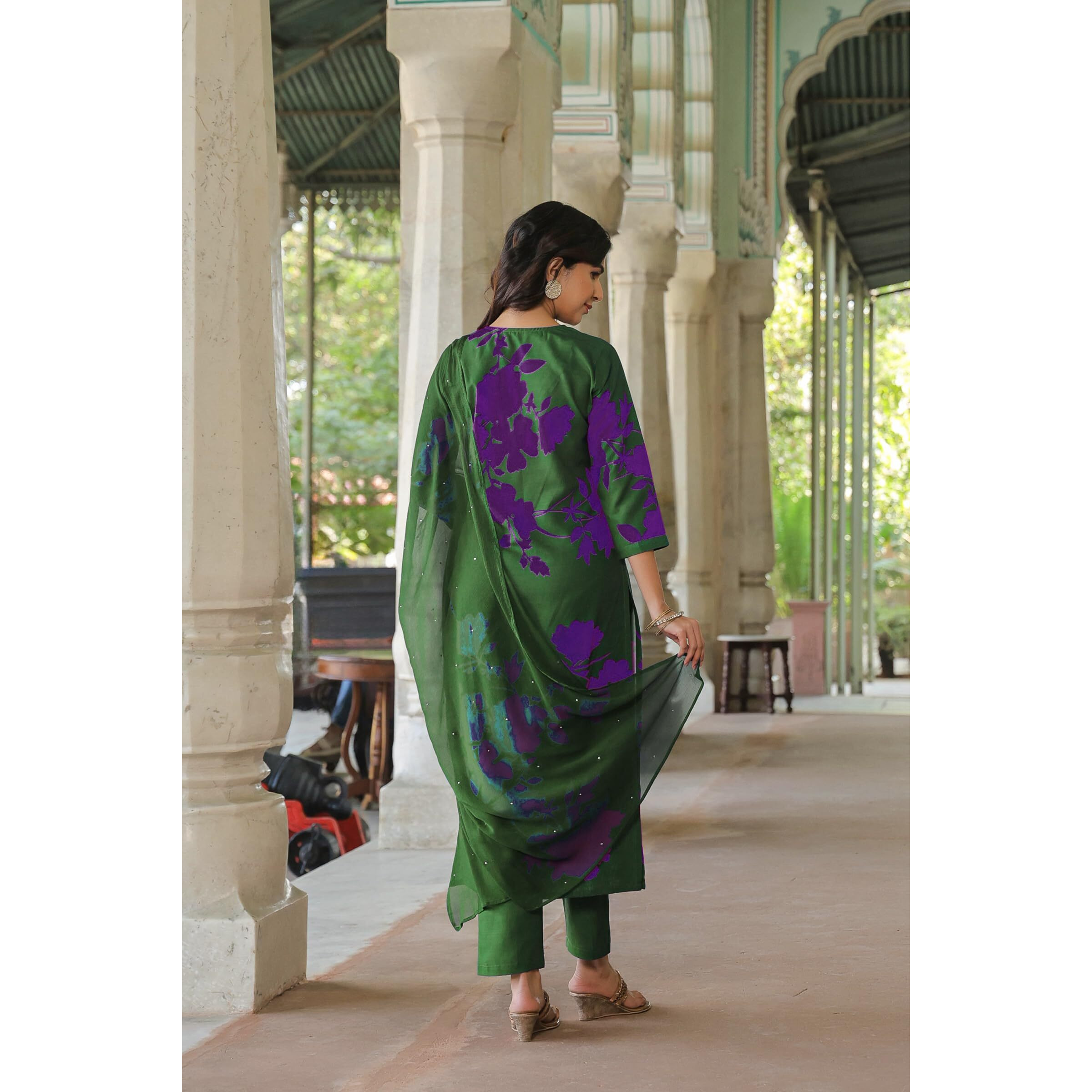 Gosriki Women's Cotton Blend Printed Straight Kurta With Pant & Dupatta (Protin-Green-Gs_S_Green_Small)