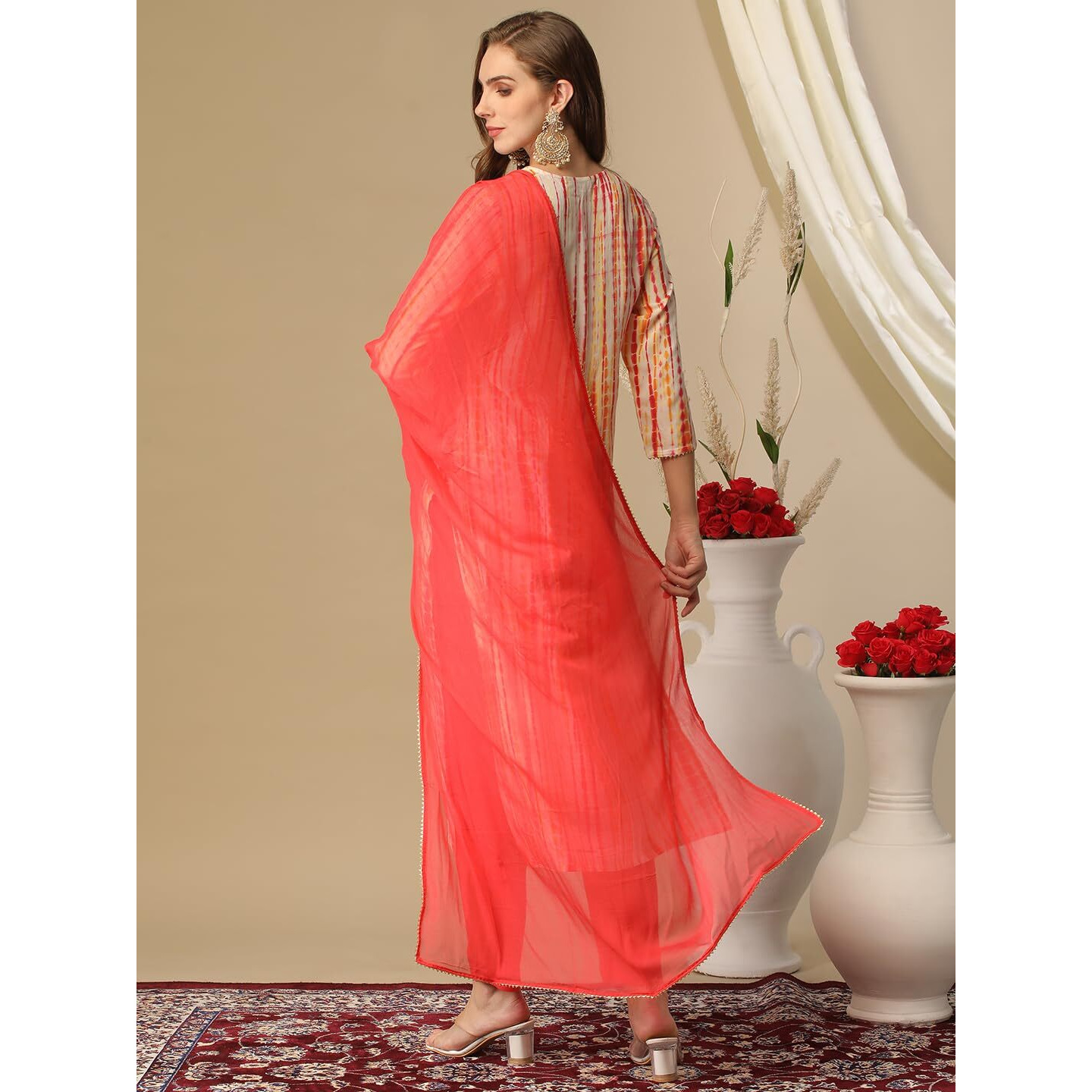 Gosriki Women's Rayon Blend Straight Printed Kurta With Pant & Dupatta (Tiedye Red-Nw-Gs_S_Red_Small)