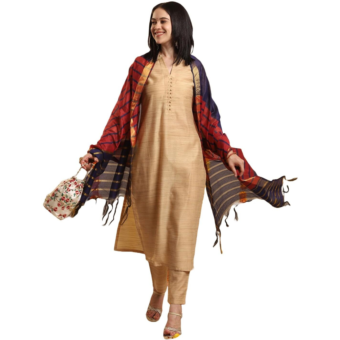 Gosriki Women's Rayon Blend Straight Solid Kurta With Pant & Dupatta (Suchita Beige-Gs_L_Beige_Large)