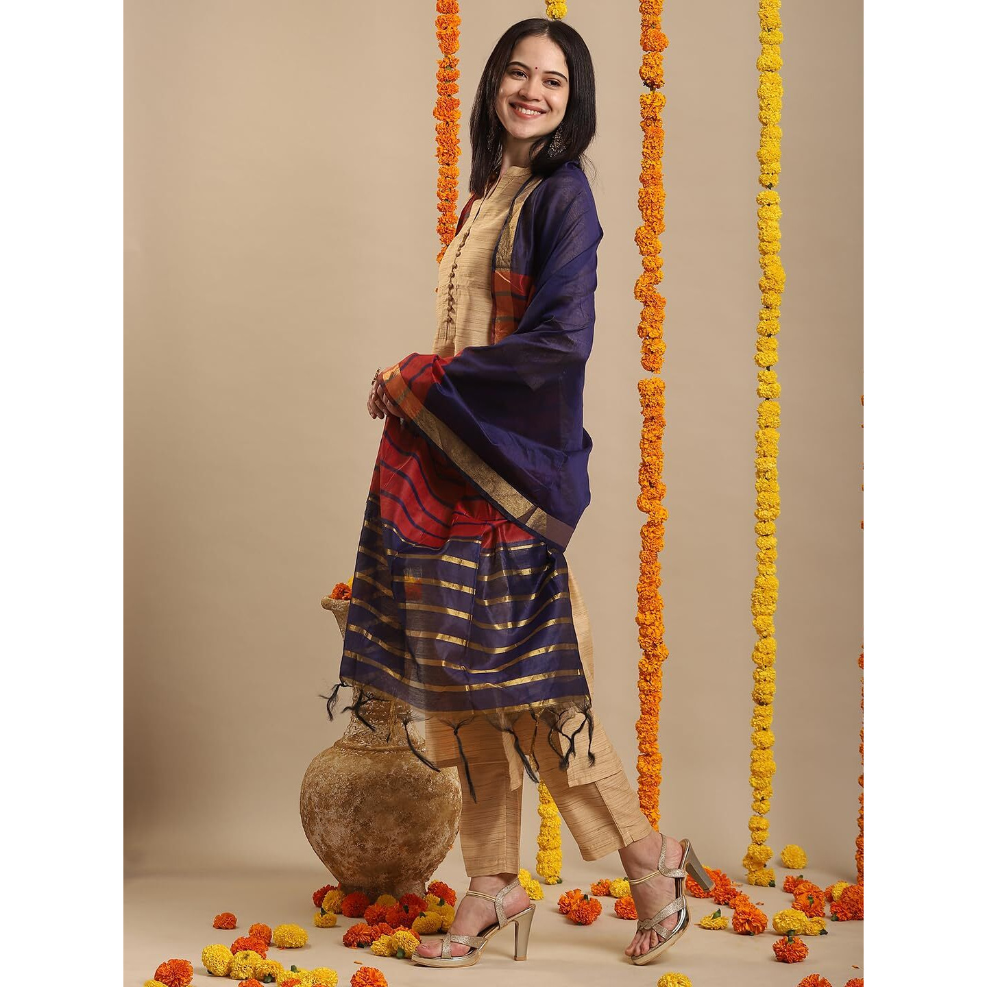 Gosriki Women's Rayon Blend Straight Solid Kurta With Pant & Dupatta (Suchita Beige-Gs_L_Beige_Large)