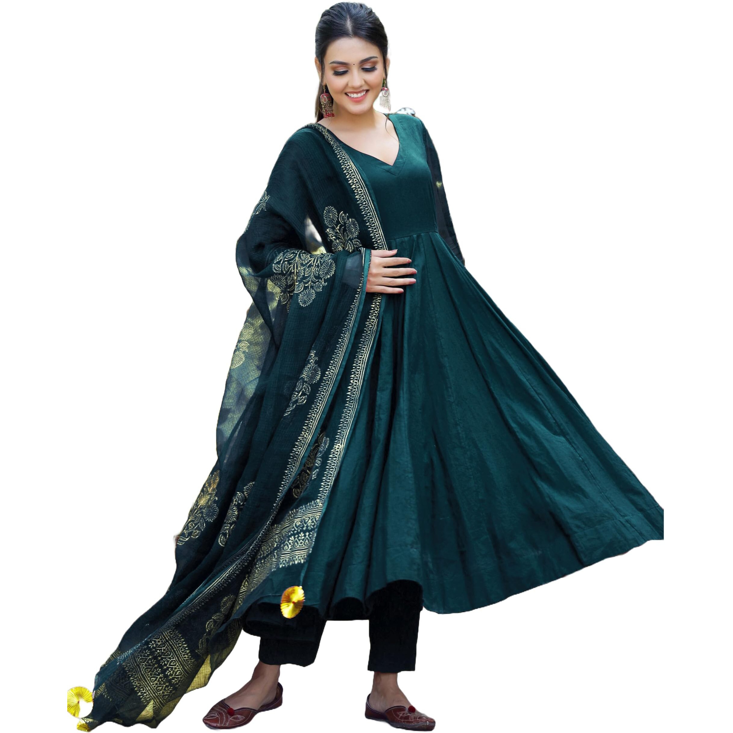 Gosriki Women's Cotton Blend Solid Anarkali Kurta With Pant & Dupatta (Magic-Kerosin-Nw-Gs_S_Dark Blue_Small)