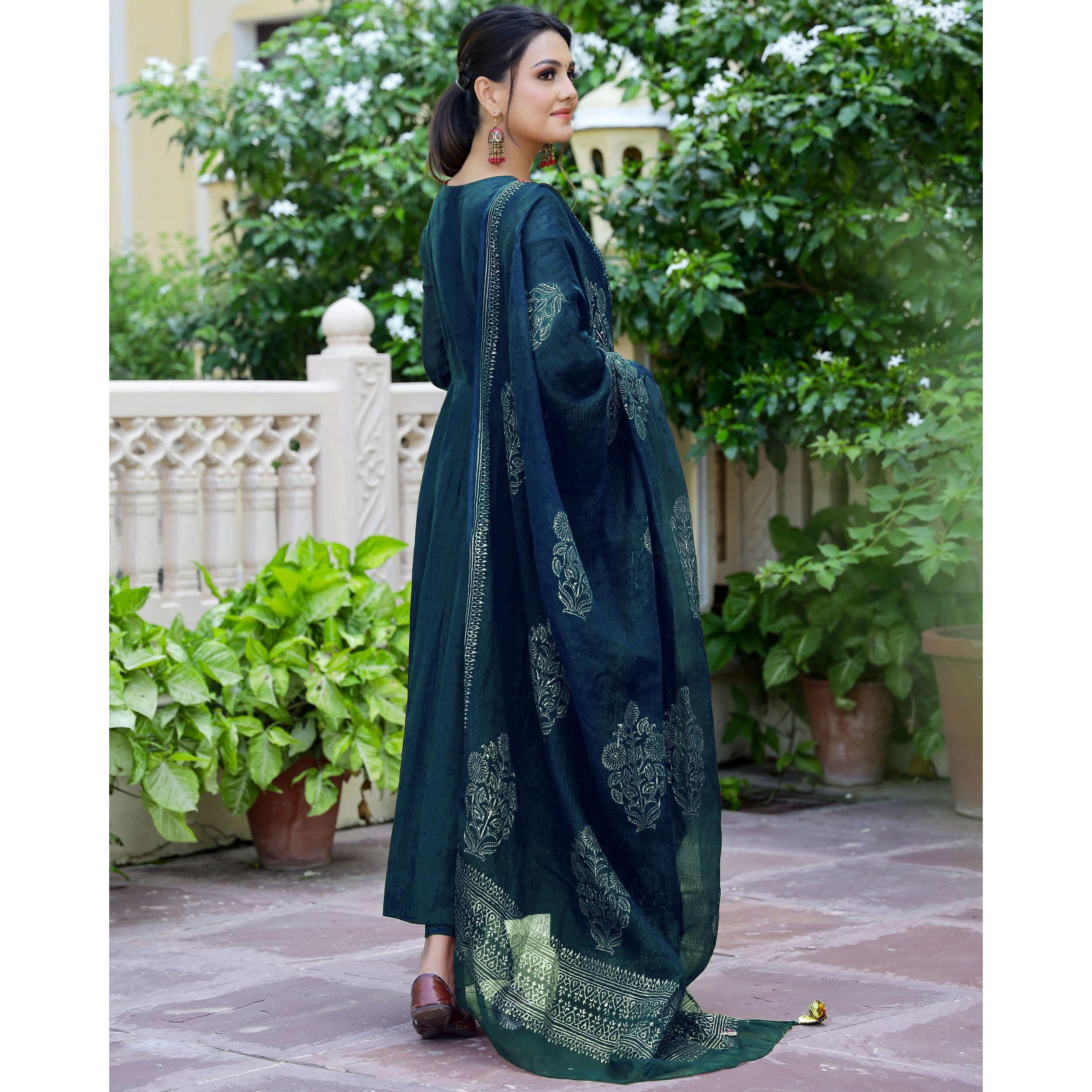 Gosriki Women's Cotton Blend Solid Anarkali Kurta With Pant & Dupatta (Magic-Kerosin-Nw-Gs_S_Dark Blue_Small)