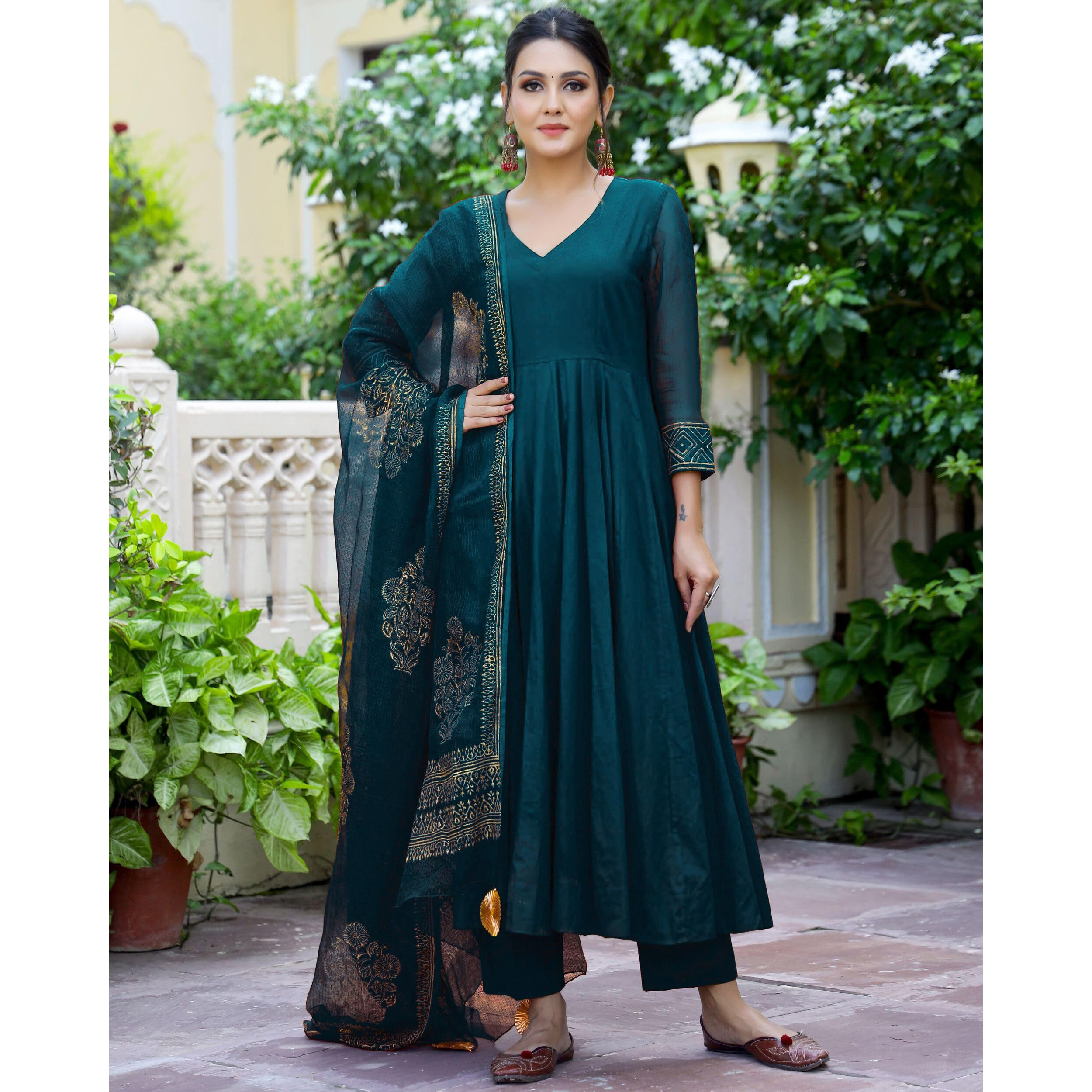 Gosriki Women's Cotton Blend Solid Anarkali Kurta With Pant & Dupatta (Magic-Kerosin-Nw-Gs_S_Dark Blue_Small)