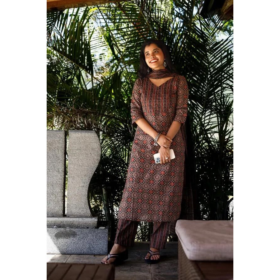 Gosriki Women's Rayon Blend Straight Printed Kurta With Pant & Dupatta (Kolam Brown-Gs_Xxl_Brown_Xx-Large)