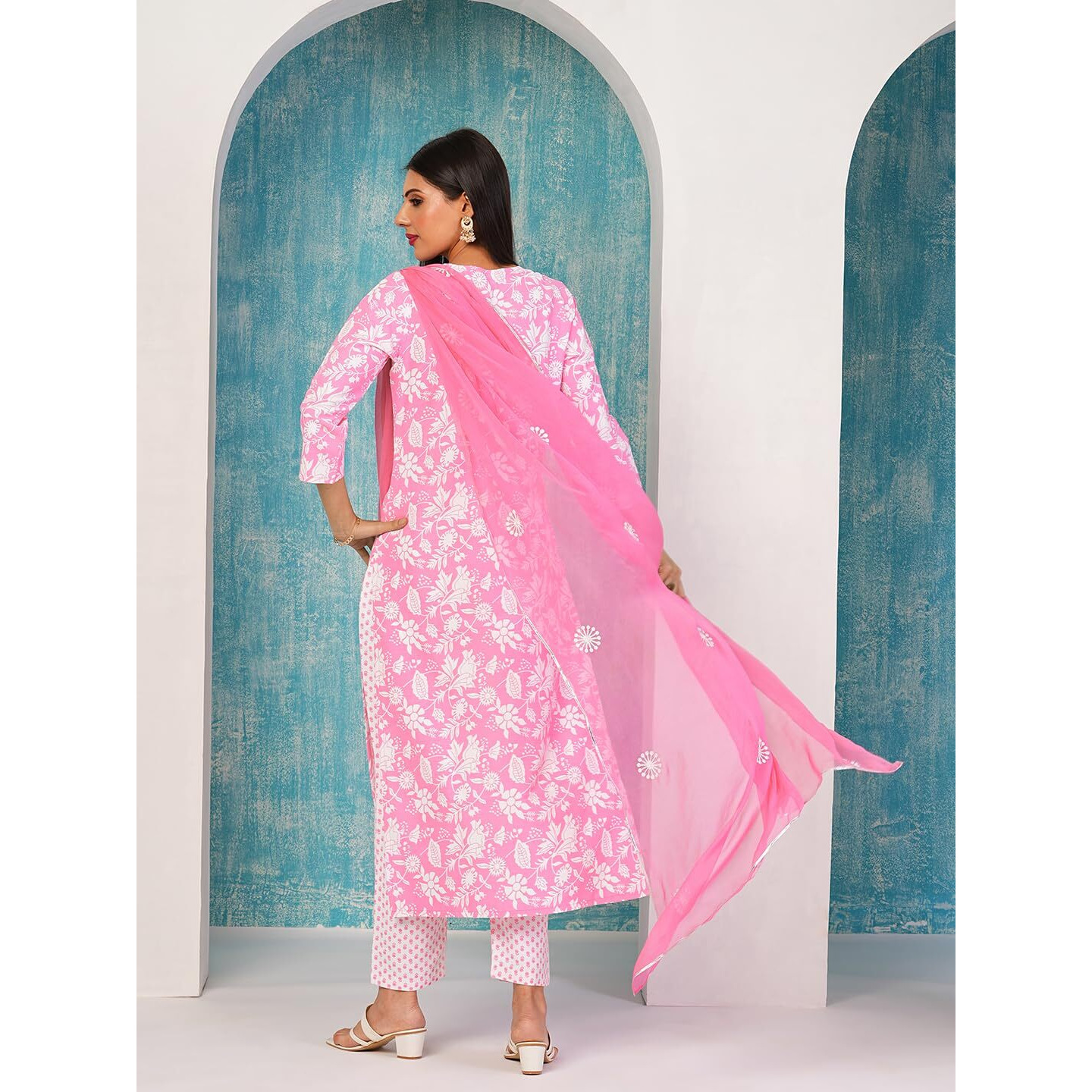 Gosriki Women's Cotton Blend Straight Printed Kurta With Pant & Dupatta (Mei Pink-Nd-Gs_S_Pink_Small)