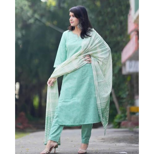 Gosriki Women's Rayon Viscose Straight Solid Kurta With Pant & Dupatta (Pragya See Green-Vks03-Gs_M_See Green_Medium)
