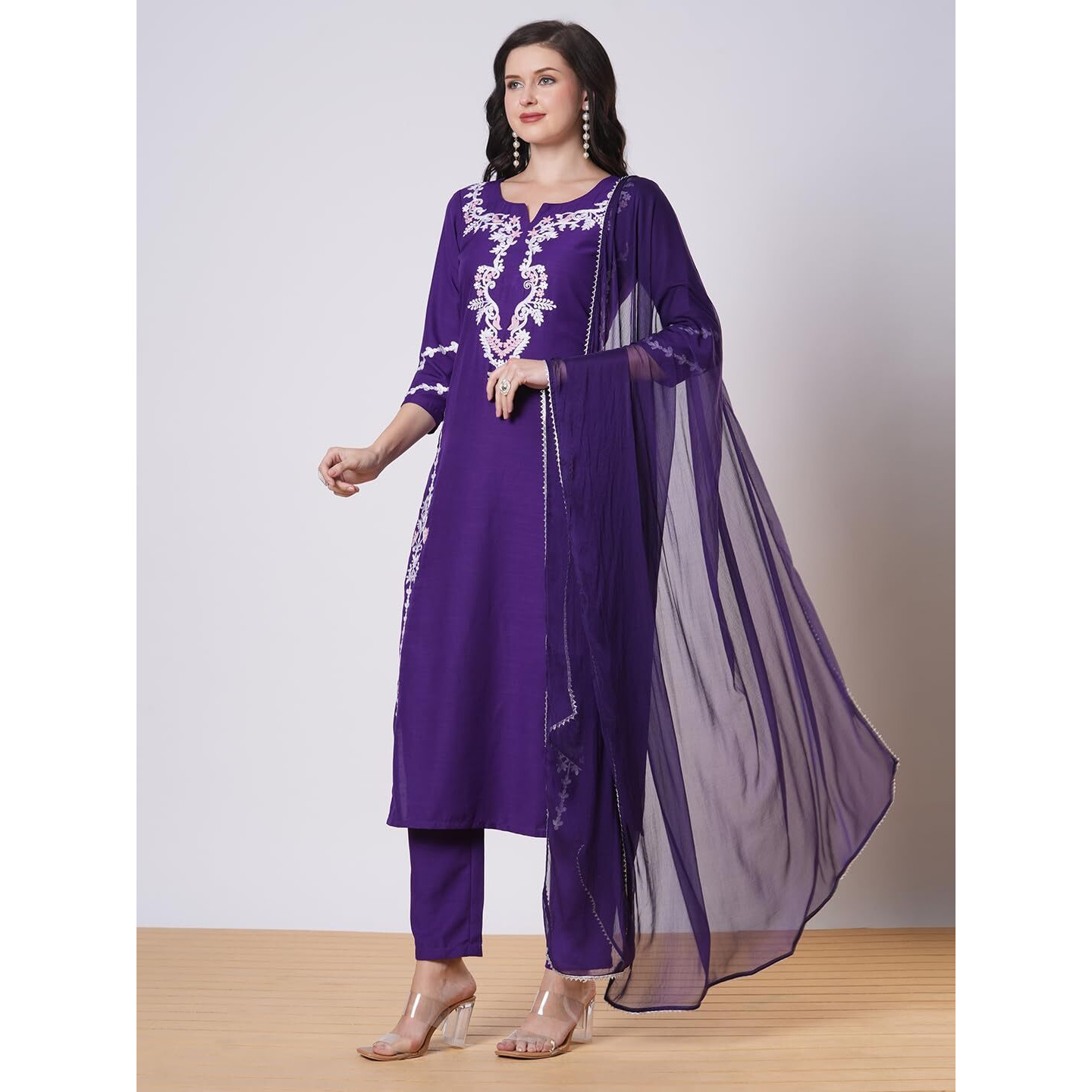 Gosriki Women's Rayon Viscose Embroidered Straight Kurta With Pant & Dupatta (Jayashuda Begani-Vks02-Gs_S_Begani_Small)