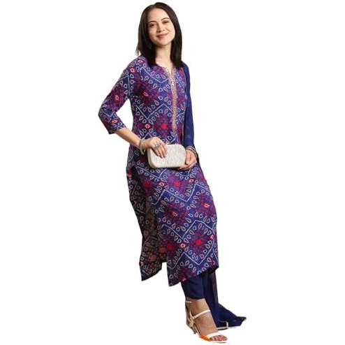 Gosriki Women's Rayon Blend Straight Bandhej Printed Kurta With Pant & Dupatta (Turae Royal Blue-Vks04-Gs_L_Blue_Large)