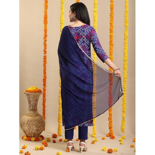 Gosriki Women's Rayon Blend Straight Bandhej Printed Kurta With Pant & Dupatta (Turae Royal Blue-Vks04-Gs_L_Blue_Large)