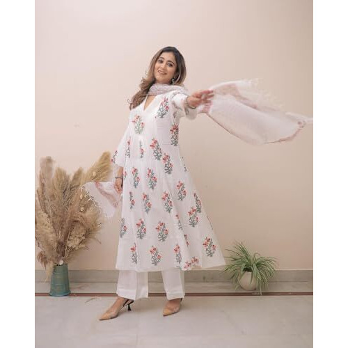 Gosriki Women's Rayon Blend Anarkali Printed Kurta With Pant & Dupatta (Motwani White-Gs_Xl_White_X-Large)