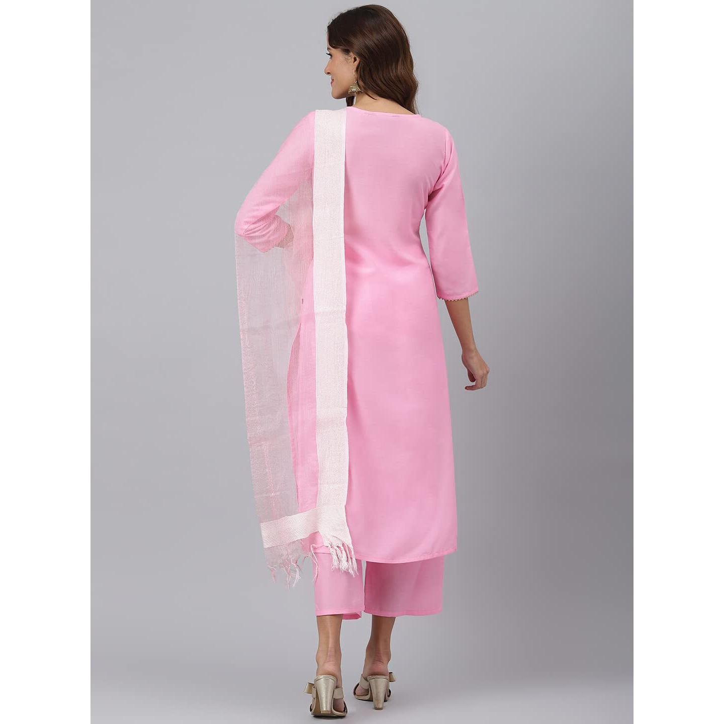 Gosriki Women's Cotton Blend Straight Solid Kurta With Palazzo & Dupatta (Charu Sty Pink_L-Go_Pink_Large)