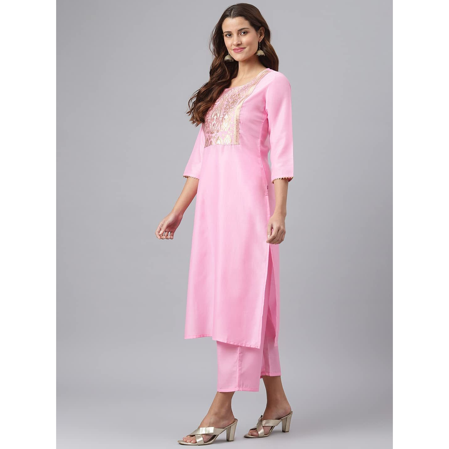 Gosriki Women's Cotton Blend Straight Solid Kurta With Palazzo & Dupatta (Charu Sty Pink_L-Go_Pink_Large)