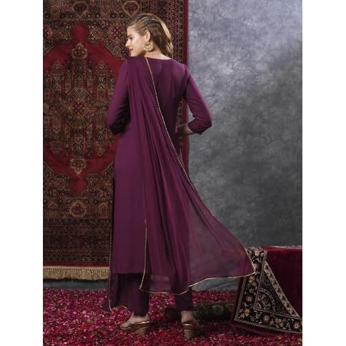 Gosriki Women's Rayon Blend Embroidered Straight Kurta With Pant & Dupatta (Yuvani Wine-Vks01-Gs_S_Wine_Small)