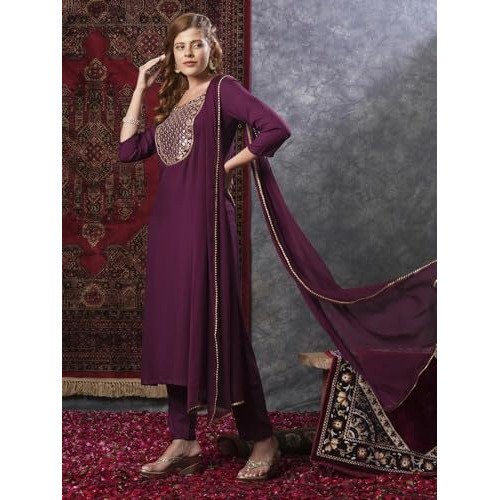 Gosriki Women's Rayon Blend Embroidered Straight Kurta With Pant & Dupatta (Yuvani Wine-Vks01-Gs_S_Wine_Small)