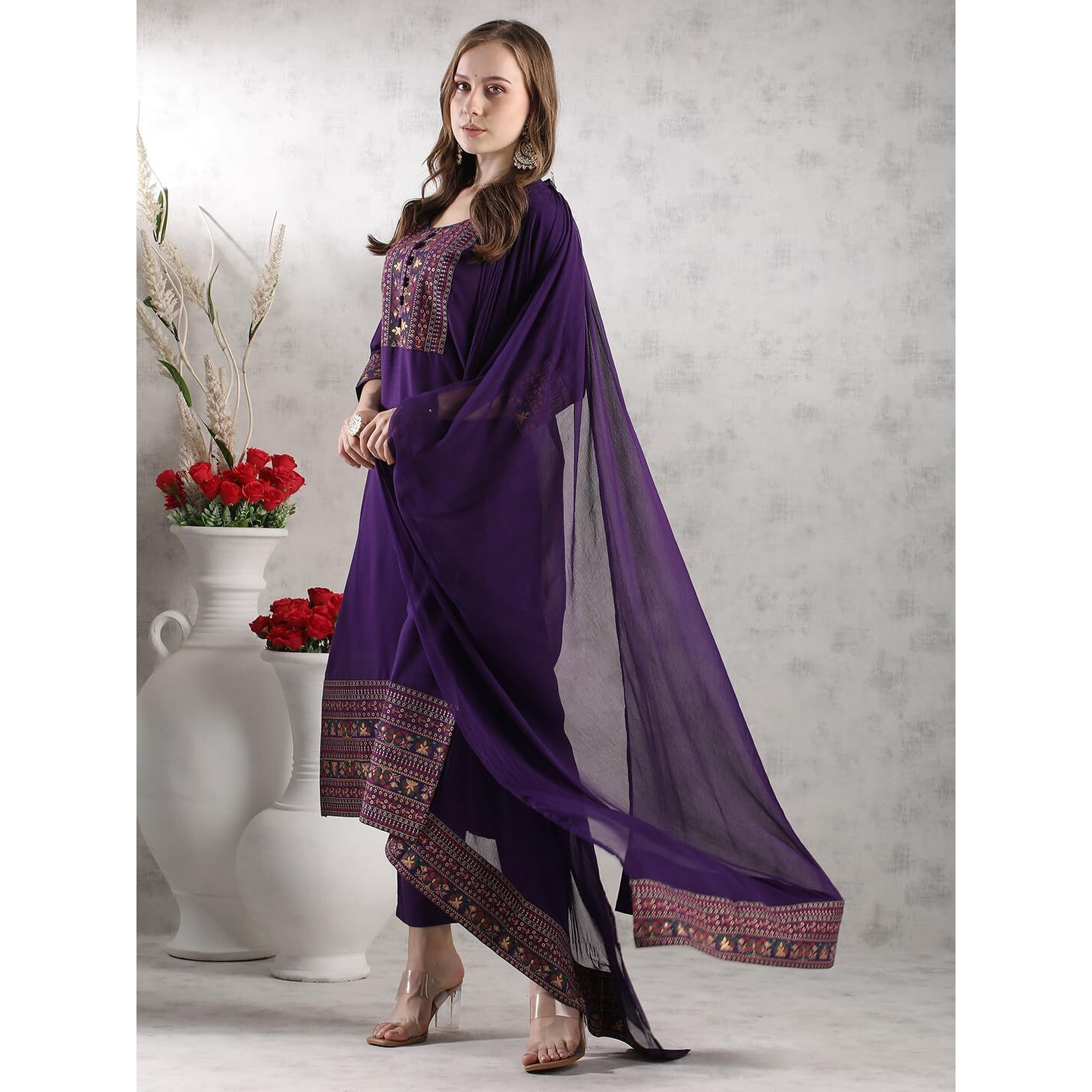 Gosriki Women's Rayon Blend Straight Printed Kurta With Pant & Dupatta (Alamelu Begani-Vks01-Gs_Xxl_Begani_Xx-Large)