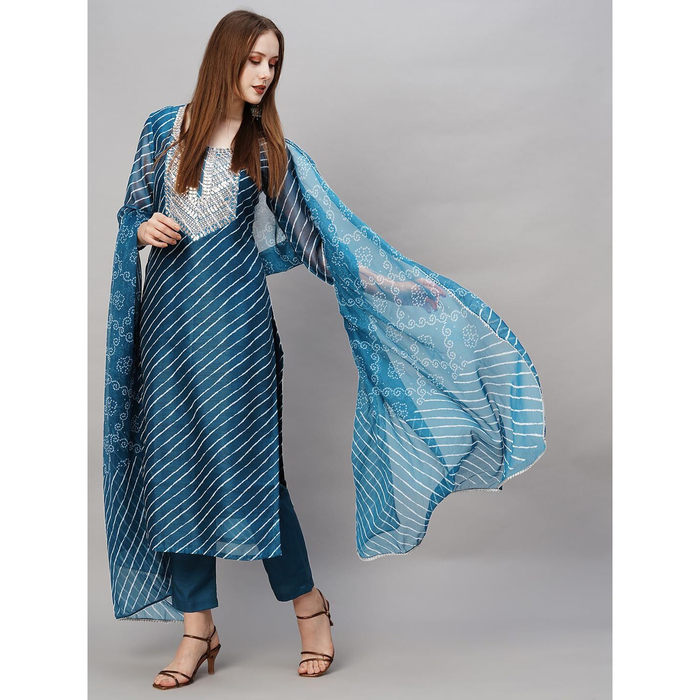 Gosriki Women's Cotton Blend Straight Printed Kurta With Pant & Dupatta (Doremi Kerocin-Nw-Gs_S_Kerocin_Small) Dark Blue