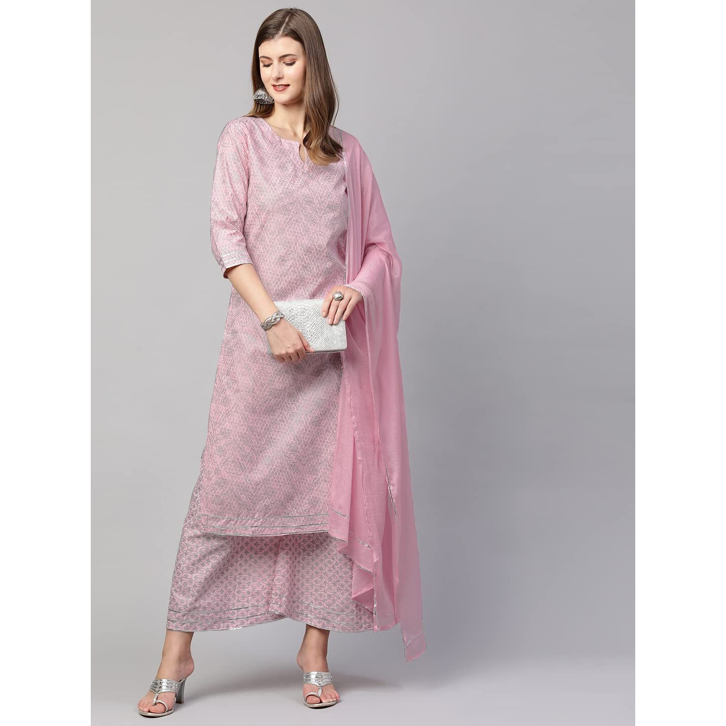 Gosriki Women's Cotton Straight Kurta With Palazzo & Dupatta(Kpzd-Cot-10047-Pink_Xl-Go_Pink_X-Large)