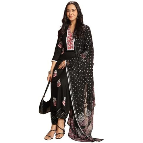 Gosriki Women's Rayon Viscose Printed Straight Kurta With Pant & Dupatta (Belagavi Black-Vks05-Gs_L_Black_Large)