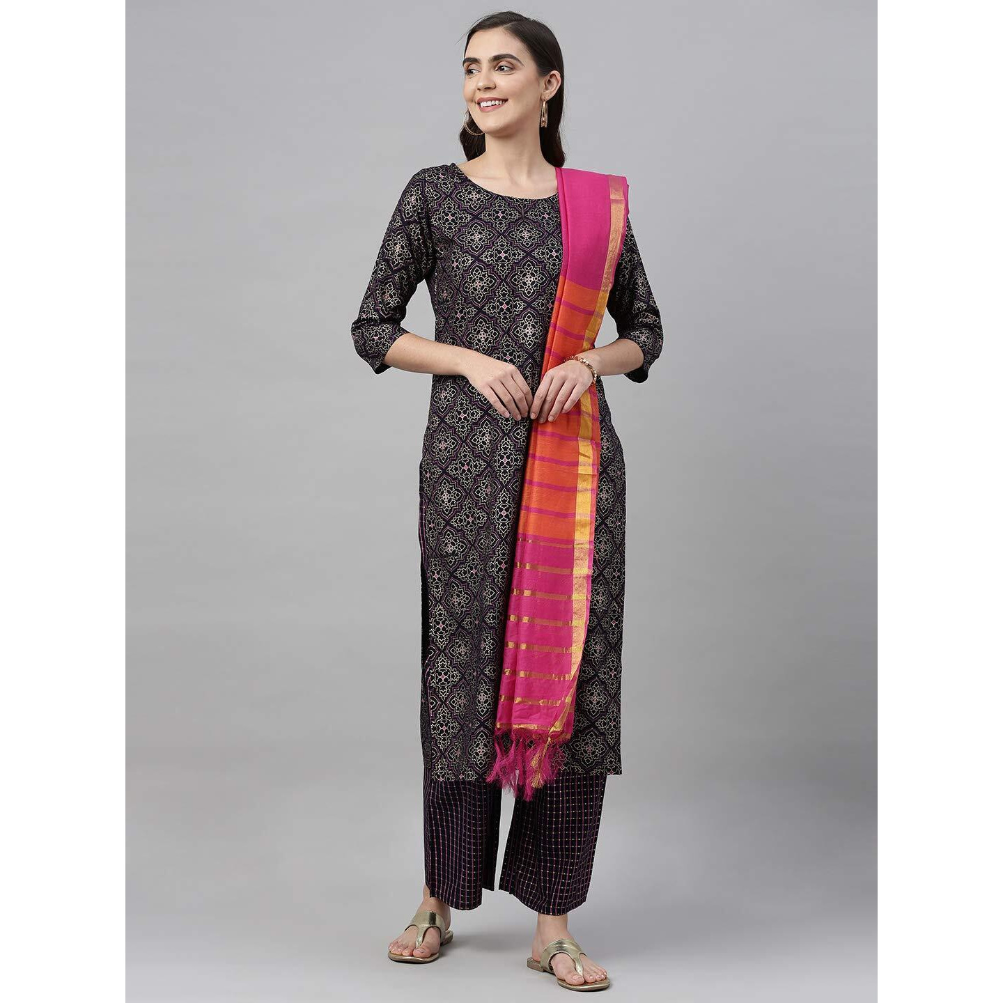 Gosriki Women's Cotton Kurta, Palazzos And Dupatta (Client-Navy Blue_L-Go_Dark Large)